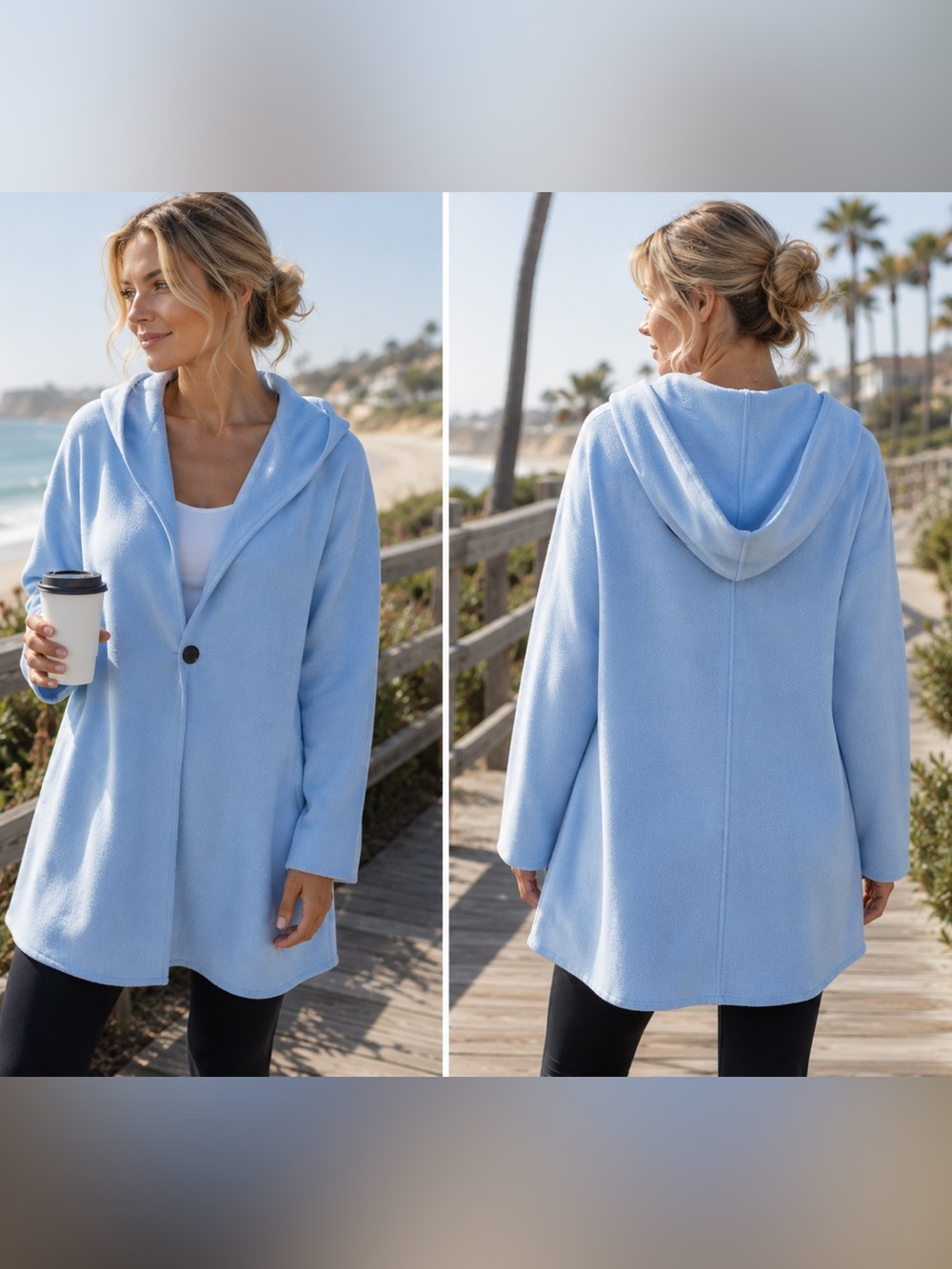 Sky Blue Hooded Fleece Cardigan Cover-Up Lightweight Cozy Layering Jacket - Picture 3 of 3